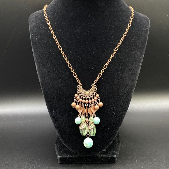 Aged Copper Tone Crescent Pendant with Green Plastic Beads - Free Shipping - Picture 1 of 4